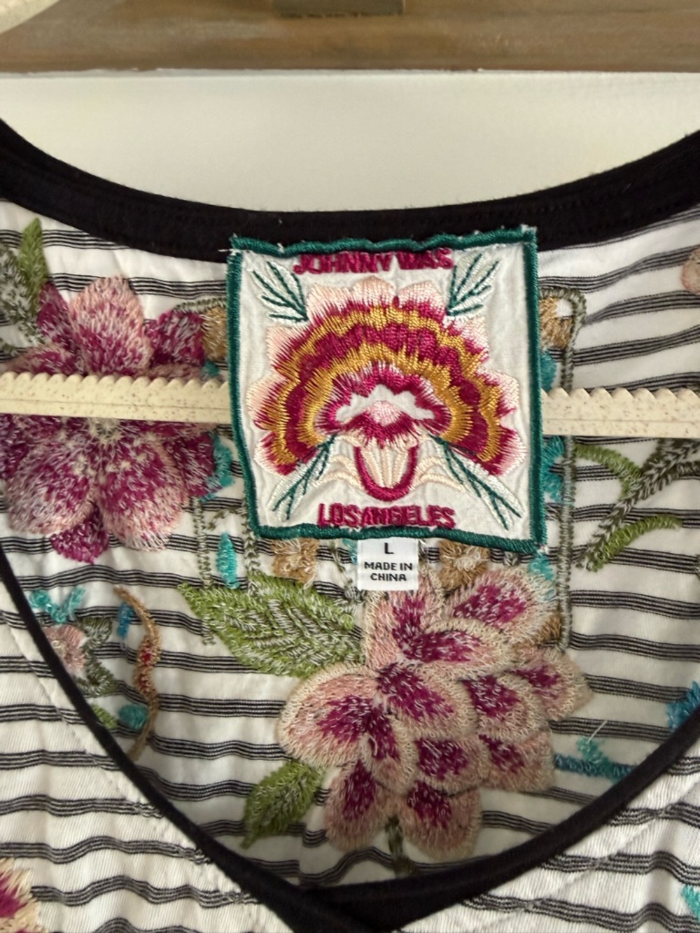 Johnny Was White Striped V-Neck Tee with Multicolor Floral Embroidery - Picture 3 of 3